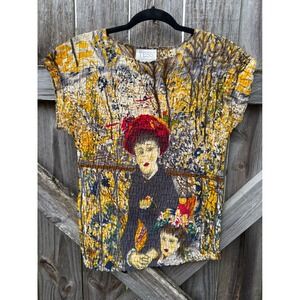 TESS Women Popcorn Shirt Impressionist Art Print Crinkle Stretch Top Medium